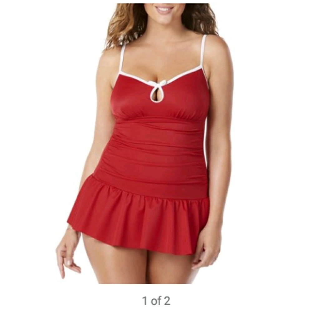 Slimming Womens Ruffled SwimDress RETRO RED